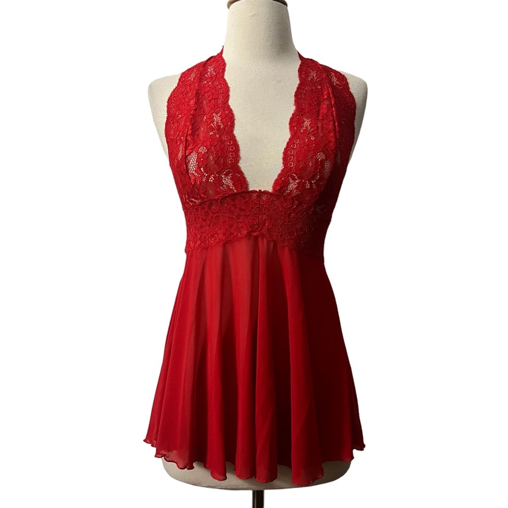 Rene Rofe Ultra Mini Chemise in Red, Sheer wirh Lace Halter, Stretch, Small